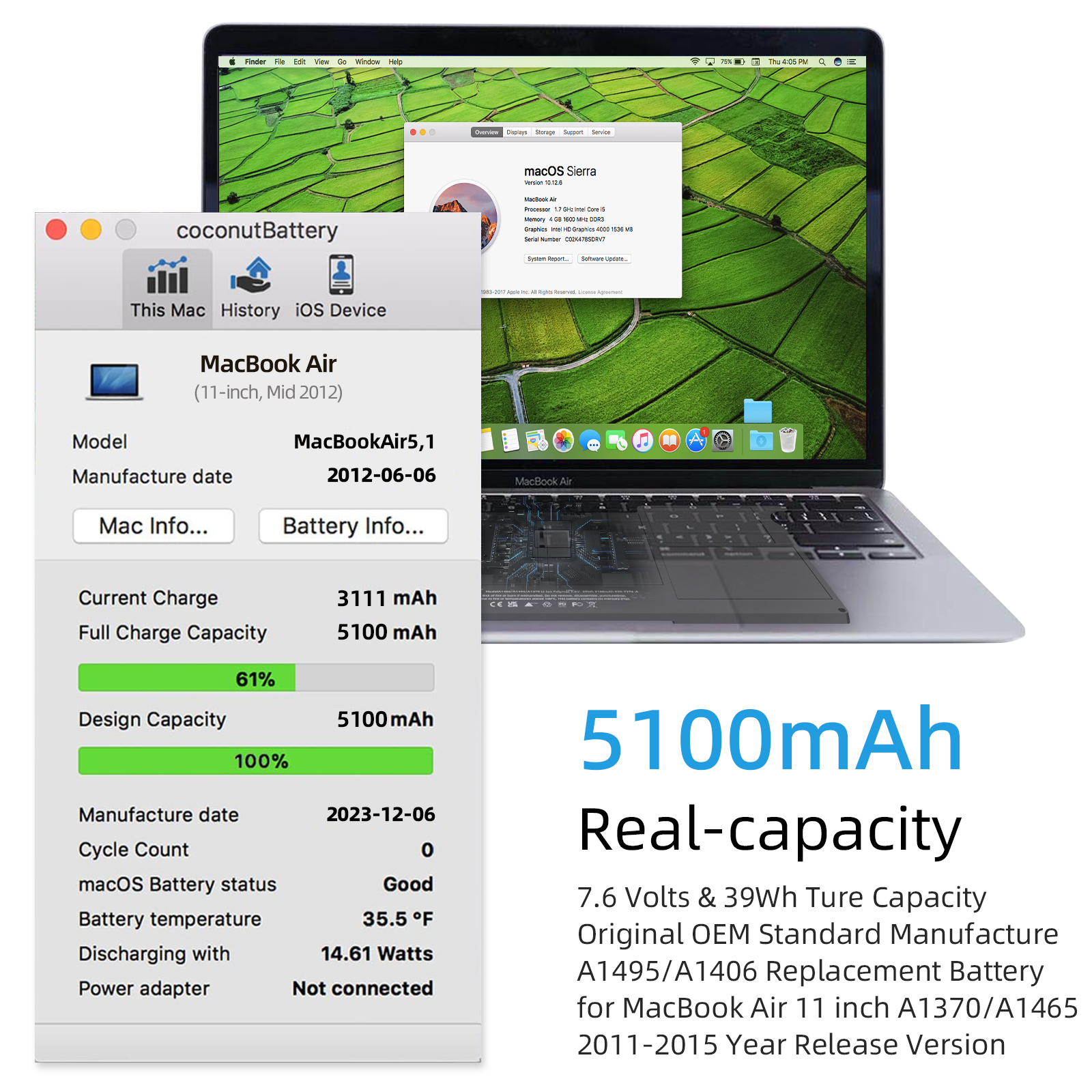 A1406 A1495 Battery for MacBook Air 11 Inch Model A1406 A1370