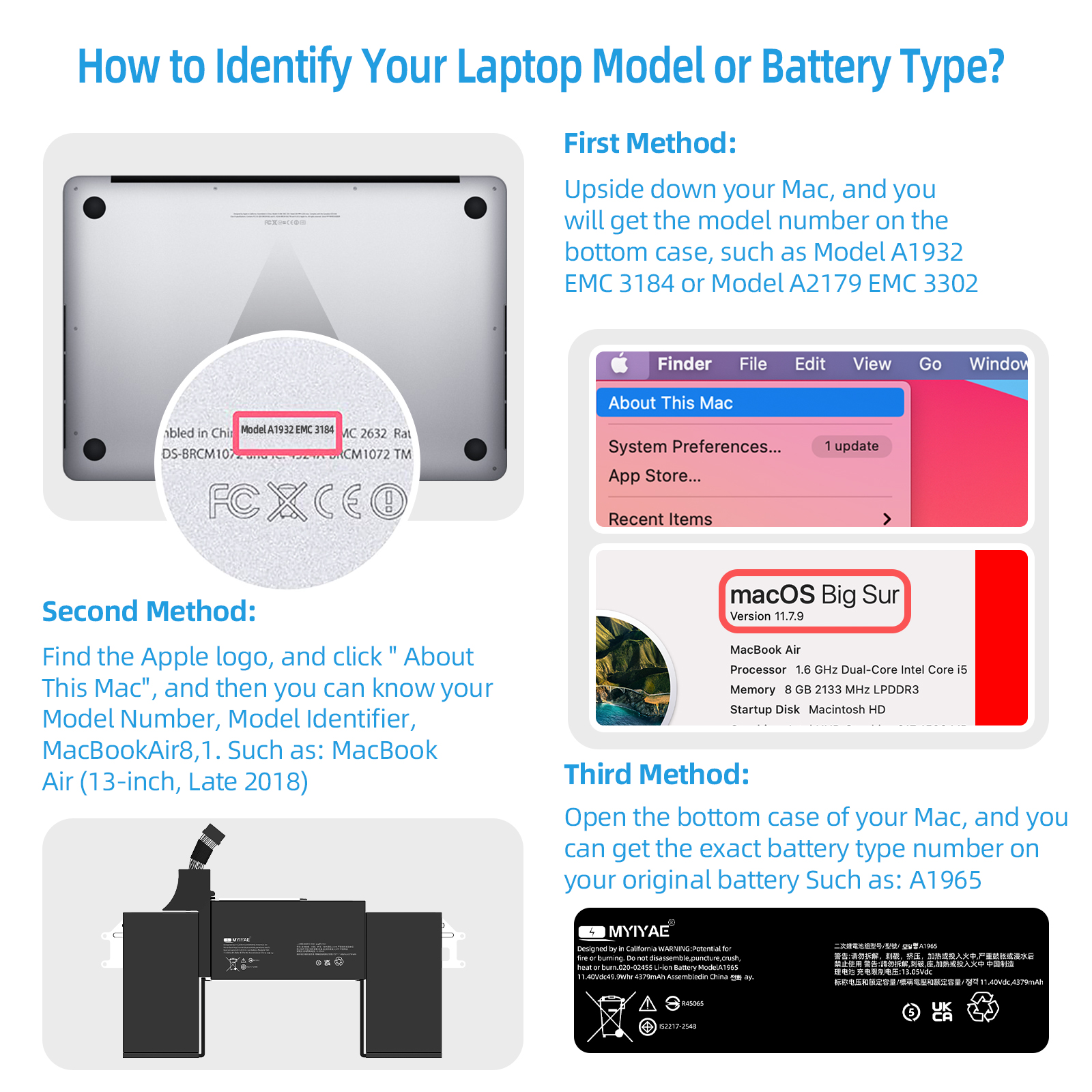 A1965 Replacement Battery for MacBook Air 13 inch Model A1932 A2179 EMC 3184 3302