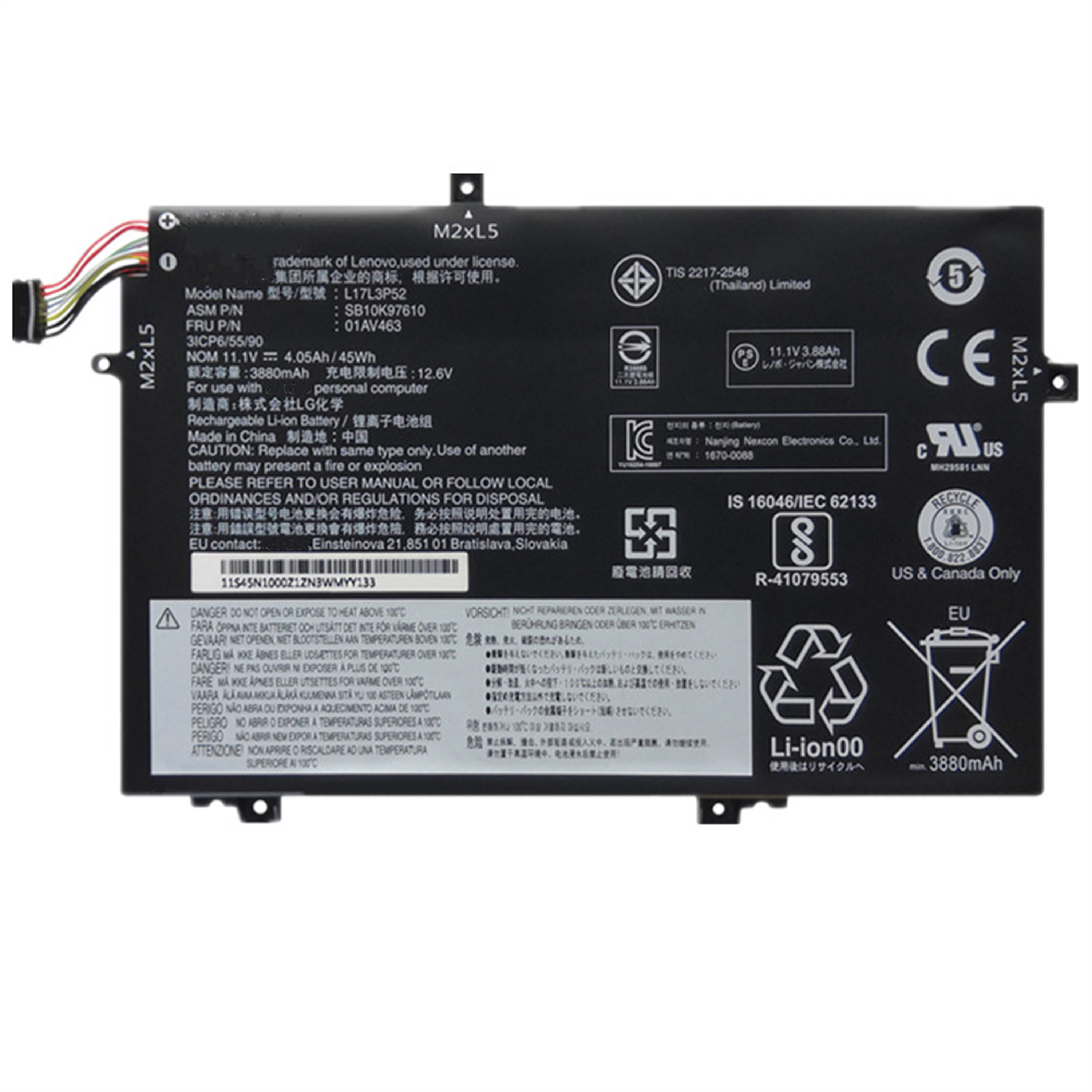 L17L3P52 rechargeable lithium ion Notebook battery Laptop battery For LenovoThinkPad L580 L590 L480 L490 Series Notebook 11.1V 45Wh 4120mAh