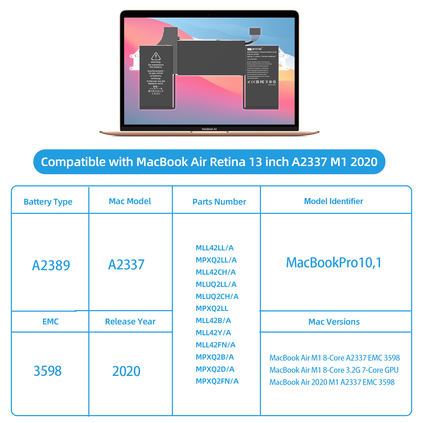 A2389 Replacement Battery for MacBook Air Retina 13 Inch Model A2337 2020 M1 EMC 3598