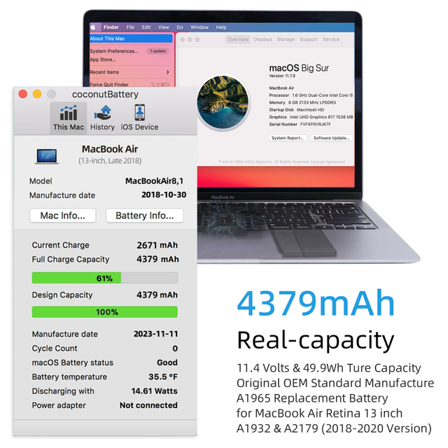 A1965 Replacement Battery for MacBook Air 13 inch Model A1932 A2179 EMC 3184 3302