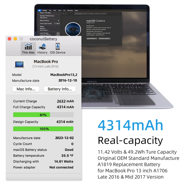 A1819 Replacment Battery for MacBook Pro 13 inch Touch Bar Model A1706 EMC 3071 3163 